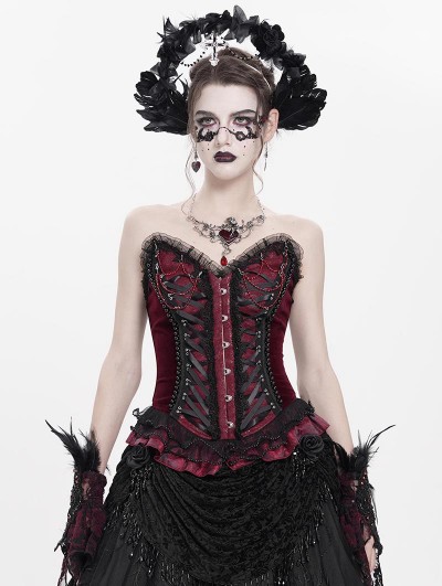Eva Lady Red Gothic Beaded Lace Victorian Overbust Corset Top for Women