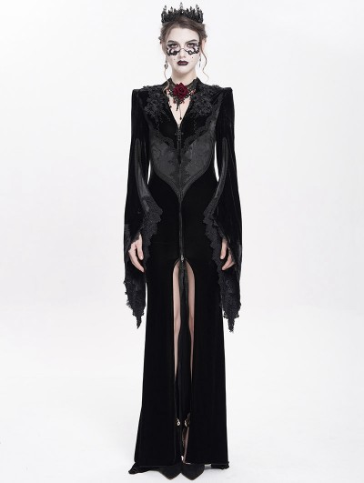 Eva Lady Black Gothic Embroidered Velvet Long Fishtail Dress Coat 