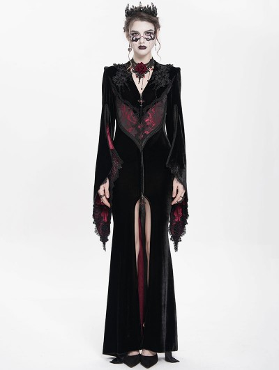 Eva Lady Black and Red Gothic Embroidered Velvet Long Fishtail Dress Coat