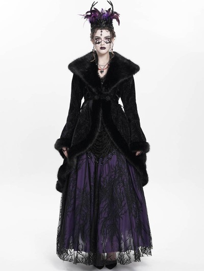 Eva Lady Black Gothic Floral Embroidered Fluffy Fur Coat for Women