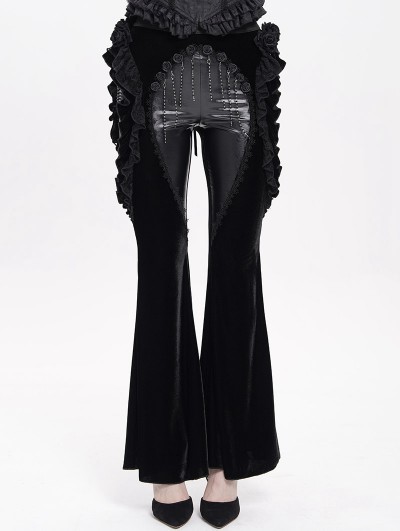Eva Lady Black Gothic Flower Faux Leather Velvet Flared Pants for Women