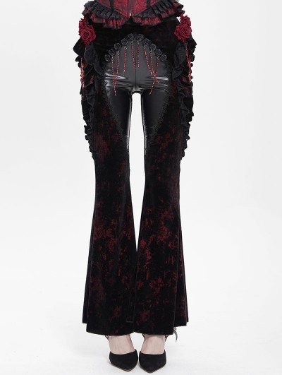 Eva Lady Black and Red Gothic Flower Faux Leather Velvet Flared Pants for Women