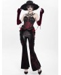Eva Lady Black and Red Gothic Flower Faux Leather Velvet Flared Pants for Women