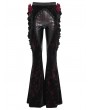 Eva Lady Black and Red Gothic Flower Faux Leather Velvet Flared Pants for Women
