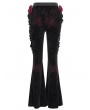 Eva Lady Black and Red Gothic Flower Faux Leather Velvet Flared Pants for Women