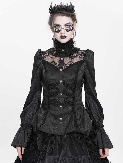 Eva Lady Black Vintage Gothic Jacquard Lace Paneled Long Sleeve Shirt for Women