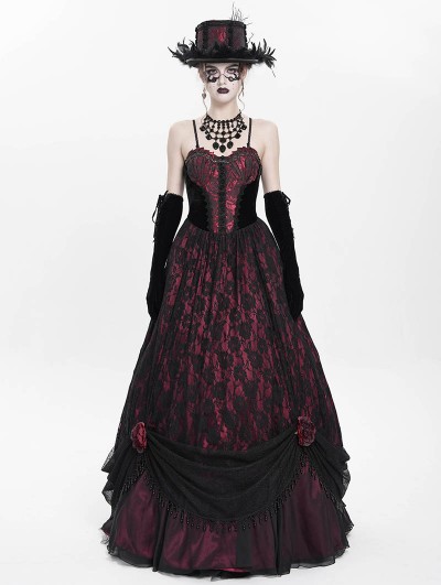Eva Lady Red Gothic Floral Lace Velvet Beaded Long Slip Party Dress