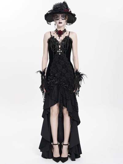 Eva Lady Black Gothic Embroidered Irregular Ruffled Velvet High-Low Dress