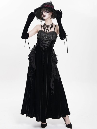 Eva Lady Black Gothic Lace Spliced Velvet Tassel Long Slip Dress
