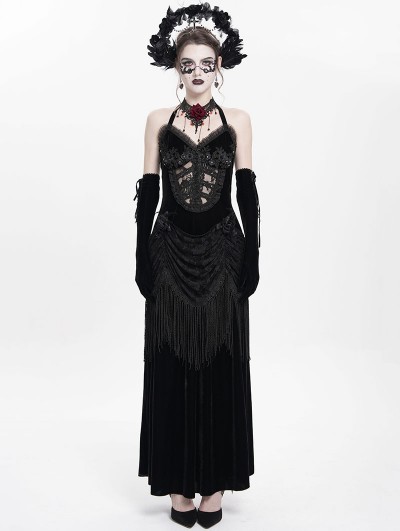 Eva Lady Black Sexy Gothic Halter Ruched Hollow Out Velvet Maxi Dress