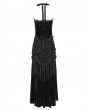 Eva Lady Black Sexy Gothic Halter Ruched Hollow Out Velvet Maxi Dress