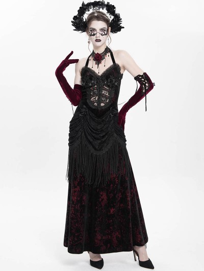Eva Lady Black and Red Sexy Gothic Halter Ruched Hollow Out Velvet Maxi Dress