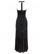 Eva Lady Black and Red Sexy Gothic Halter Ruched Hollow Out Velvet Maxi Dress