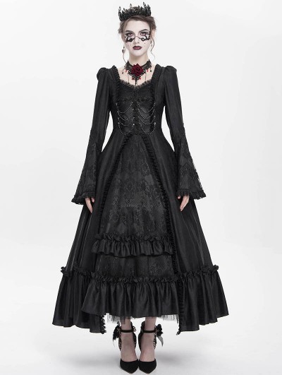 Eva Lady Black Vintage Gothic Embroidered Lace Ruffled Bell Long Sleeve Maxi Dress