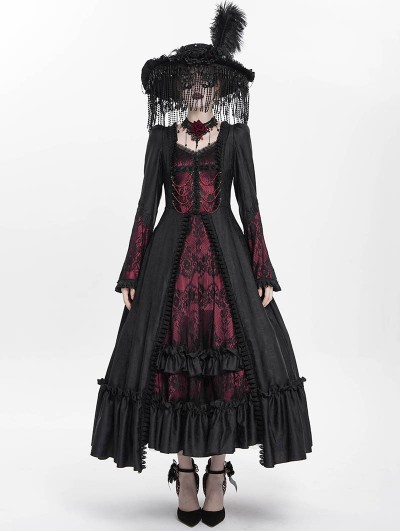 Eva Lady Red Vintage Gothic Embroidered Lace Ruffled Bell Long Sleeve Maxi Dress