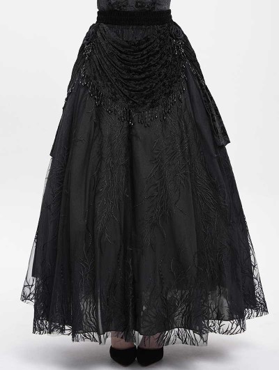 Eva Lady Black Gothic Beaded Embroidered Floral Layered Mesh Long Skirt
