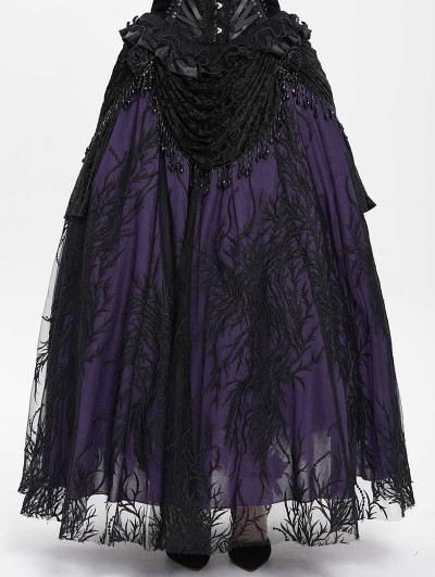 Eva Lady Black and Purple Gothic Beaded Embroidered Floral Layered Mesh Long Skirt