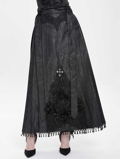 Eva Lady Black Gothic Cross Chain Pleated Wrap High Waist Long Skirt