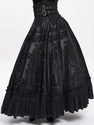 Eva Lady Black Gothic Double Buckle Belt Embroidered Lace Maxi Skirt