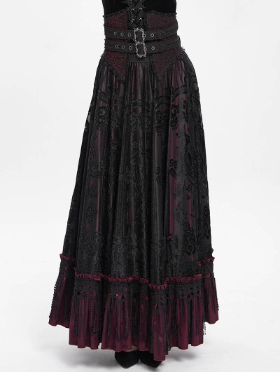 Eva Lady Black and Red Gothic Double Buckle Belt Embroidered Lace Maxi Skirt