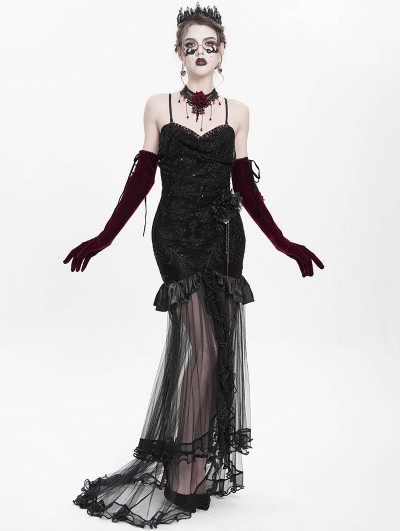 Eva Lady Black Gothic Beading Velvet Mesh Splicing Long Slip Party Dress