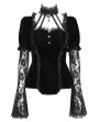 Eva Lady Black Gothic Lace Paneled Puff Sleeve Velvet Shirt for Women