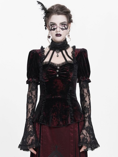 Eva Lady Red Gothic Lace Paneled Puff Sleeve Velvet Shirt for Women