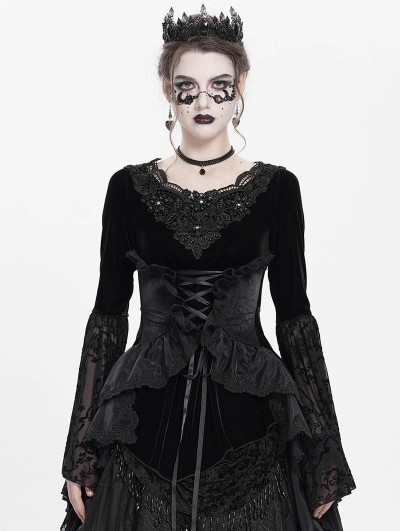 Eva Lady Black Gothic Lace Applique Flared Sleeve Velvet Top for Women