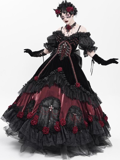 Eva Lady Black and Red Gothic Victorian Rose Embroidery Beading Hooded Gown  Dress - DarkinCloset.com
