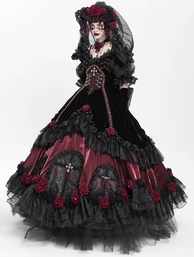 Eva Lady Black and Red Gothic Victorian Rose Embroidery Beading Hooded Gown Dress - DarkinCloset.com Eva Lady Black and Red Gothic Victorian Rose Embroidery Beading Hooded Gown Dress - DarkinCloset.com