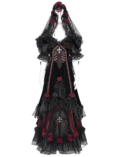 Eva Lady Black and Red Gothic Victorian Rose Embroidery Beading Hooded Gown  Dress - DarkinCloset.com