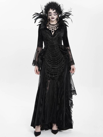 Eva Lady Black Gothic Dark Queen Feather Chain Flared Sleeve Velvet Fishtail Gown Dress