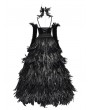 Eva Lady Black Gothic Feather Gown Dress with Detachable Collar and Sleeves