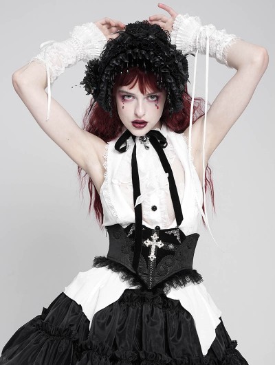 Devil Fashion Black Gothic Cross Embroidery Ruffle Underbust Girdle