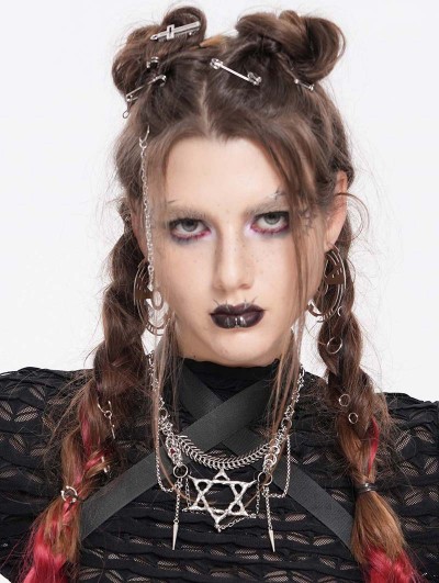 Devil Fashion Silver Punk Pentagram Pendant Layered Chain Necklace