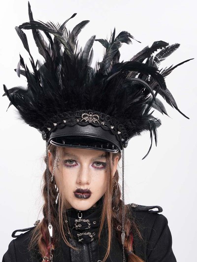 Devil Fashion Black Gothic Punk Feather Trim Faux Leather Hat