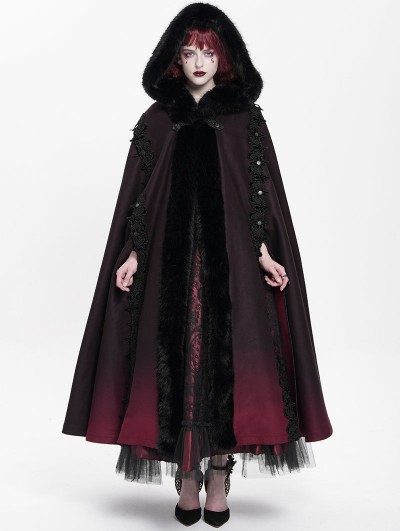 Devil Fashion Black and Red Gothic Hooded Embroidered Fur Long Cloak for Women