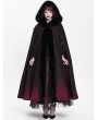 Devil Fashion Black and Red Gothic Hooded Embroidered Fur Long Cloak for Women
