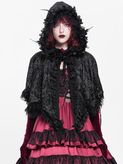 Devil Fashion Black Gothic Floral Hooded Irregular Short Cloak for Women