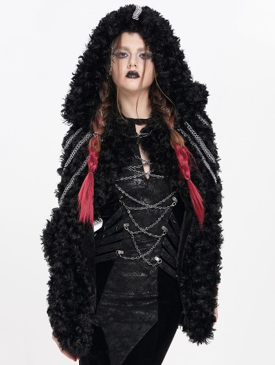 Devil Fashion Black Gothic Punk Chain Faux Fur Short Hooded Cloak for Women