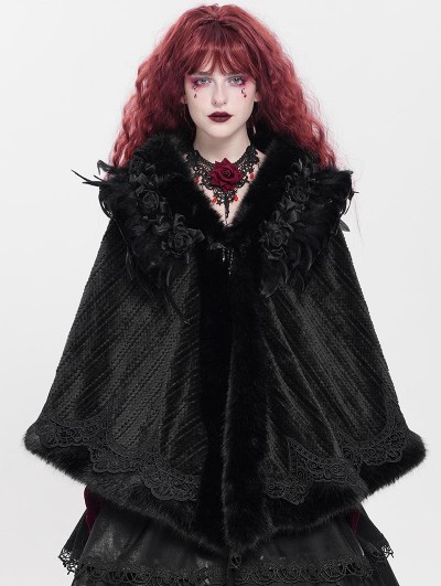 Devil Fashion Black Gothic Rose Feather Loose Faux Fur Cape for Women