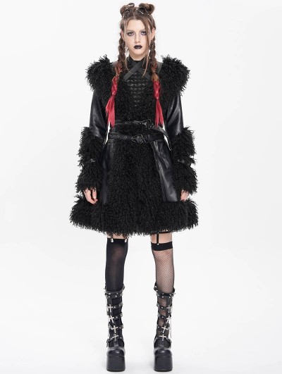 Devil Fashion Black Gothic Punk Faux Leather Fur Trim Hooded Jacket for Women