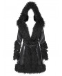 Devil Fashion Black Gothic Punk Faux Leather Fur Trim Hooded Jacket for Women