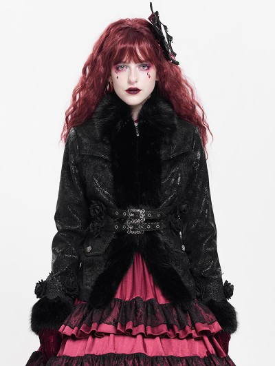 Devil Fashion Black Gothic Retro Faux Fur Trim Leather Short Jacket for Women
