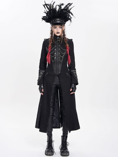 Devil Fashion Black Punk Military Gothic Fitted Long Jacket for Women