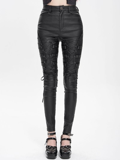 Devil Fashion Black Gothic Punk Lace-Up Slim Fitted Pants for Women