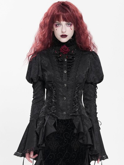 Devil Fashion Black Vintage Gothic Frilly Lace-Up Long Sleeve Shirt for Women