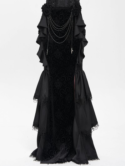 Devil Fashion Black Gothic Velvet Layered Ruffle Trim Fishtail Maxi Skirt