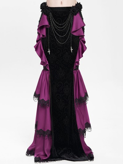 Devil Fashion Black and Purple Gothic Velvet Layered Ruffle Trim Fishtail Maxi Skirt