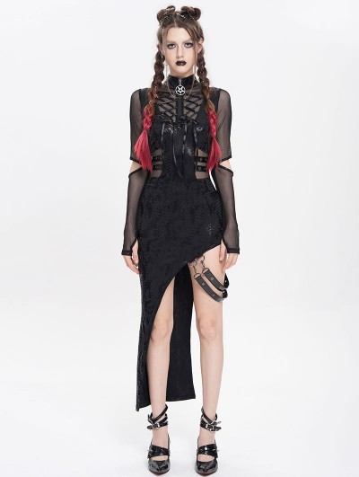 Devil Fashion Black Gothic Punk Cut Out Asymmetric Long Sleeve Fishtail Dress